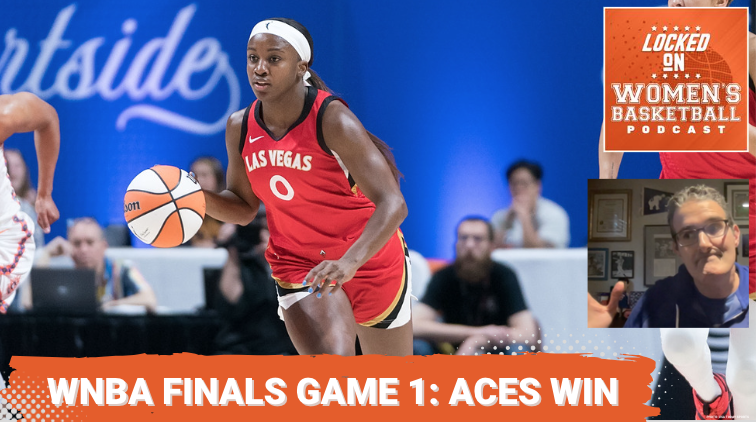 Graphic shows an image of Las Vegas guard Jackie Young with text overlay saying "WNBA Finals Game 1: Aces Win."